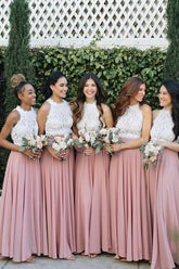 2 Piece Lace and Chiffon Long Beach Bridesmaid Dresses