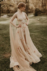A-line 3D Flower Colorful V Neck Tulle Forest Wedding Dresses