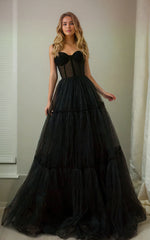 A-Line Adorable Sweetheart Black Spaghetti Corset Back Beach Simple Ruching Tulle Sweep Train Wedding Dress