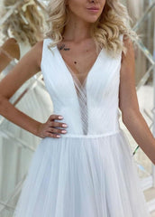 A Line Bohemian Long Tulle Simple Wedding Dress V Neck
