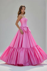 A-Line Black Scoop Neck Satin Long Prom Dresses with Bow Knots