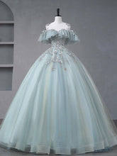 A-Line Blue Tulle sequin Lace Long Lace Sweet Quinceanera Dress
