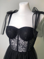 A-line Black Lace Corset Tulle Long Prom Dress