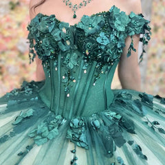 3D Flowers Off Shoulder Tulle Appliques Beaded Quinceanera Dress