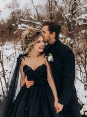 A-Line Black Gothic Wedding Dress 3D Flowers Tulle With Cape