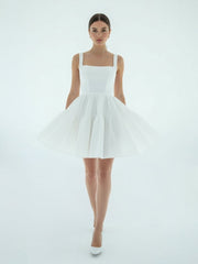 A-Line Boat-Neck Mini-Length Sleeveless Satin Pleats Wedding Dress