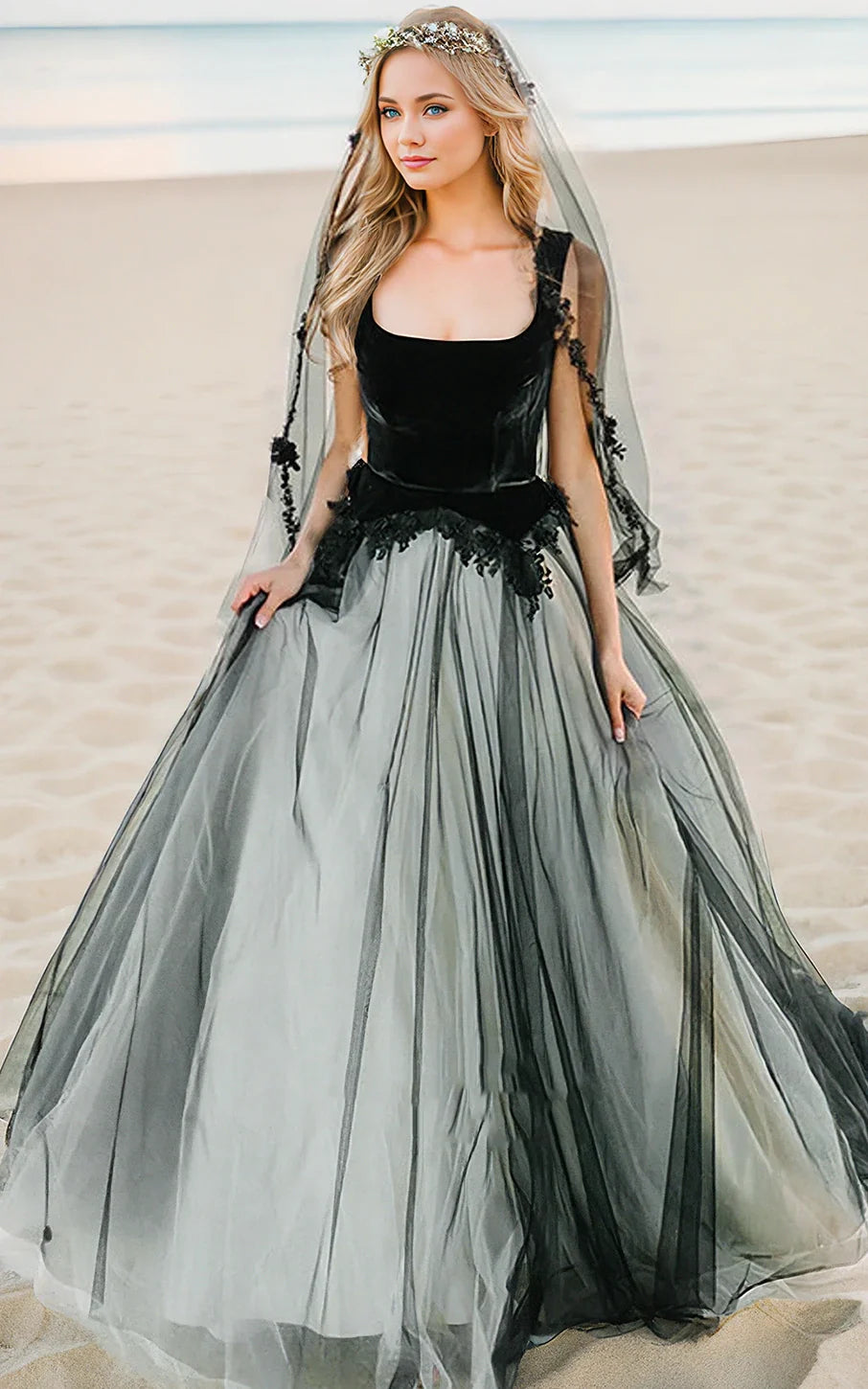 A-Line Black and White Unique Fairy Beach Lace Tulle Square Neck Floor Wedding Dress  with Keyhole Back