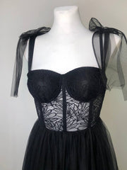 A-line Black Lace Corset Tulle Long Prom Dress
