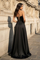 A Line Black Strapless Satin Prom Dresses With Slit