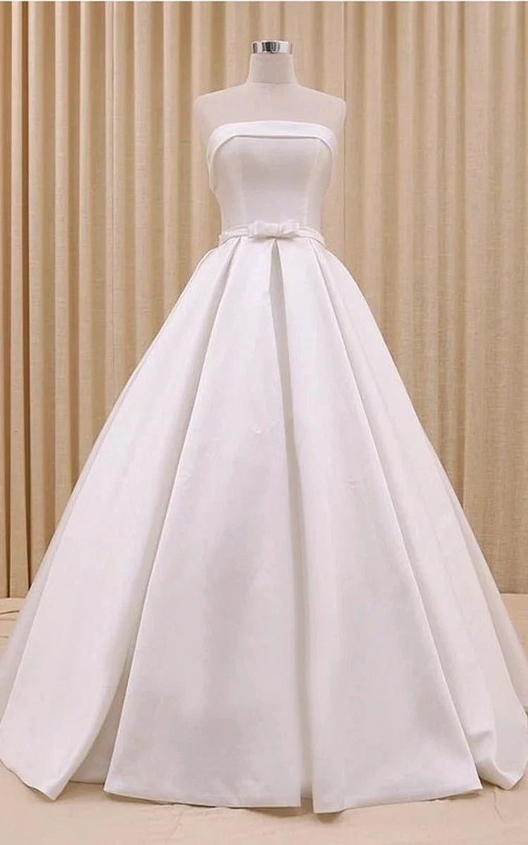 A-Line Corset Strapless Floor Length Wedding Dress with Delicate Bow Belt